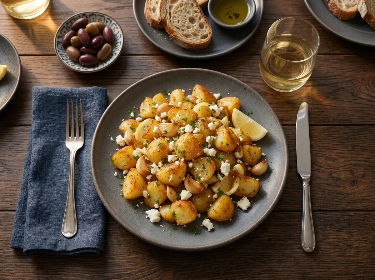 Wooden table set with a bowl of feta potatoes, lemon wedges, a linen napkin, and a glass of white wine