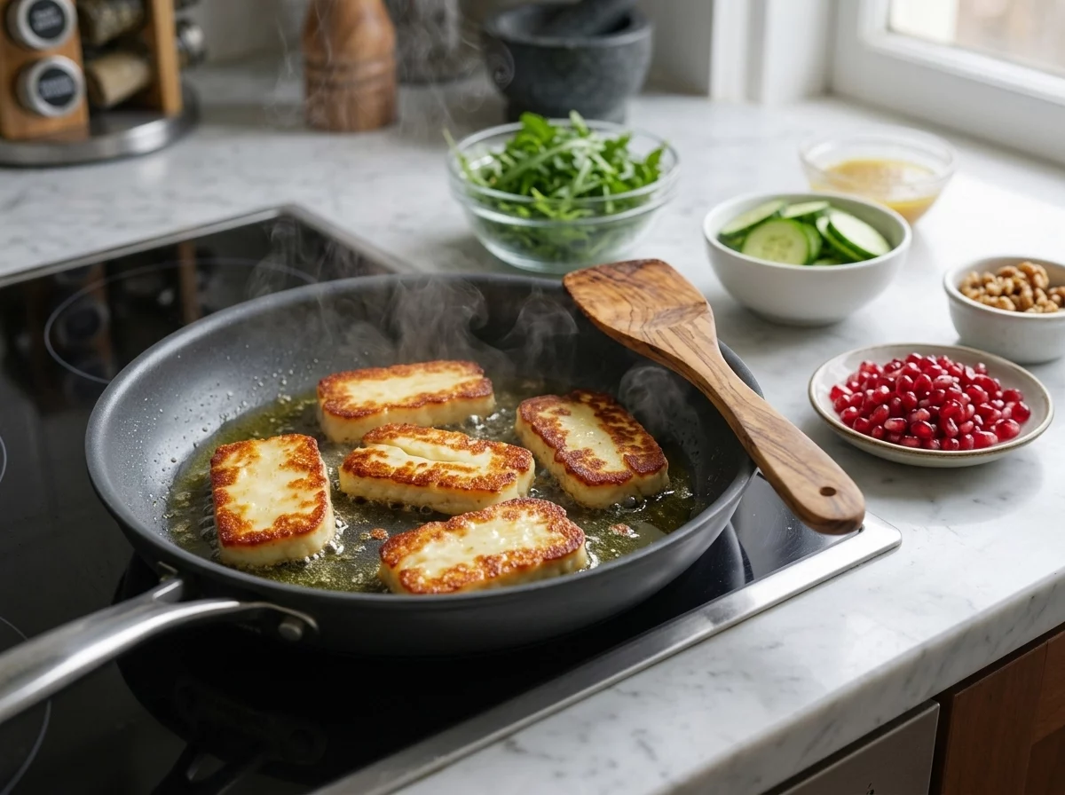 Halloumi slices sizzling in a nonstick skillet, edges turning deep golden brown as they fry in olive oil