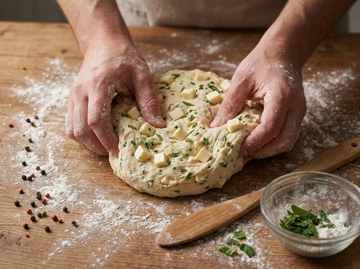 Hands knead yeast dough studded with cubed halloumi and chopped mint on a floured wooden counter.
