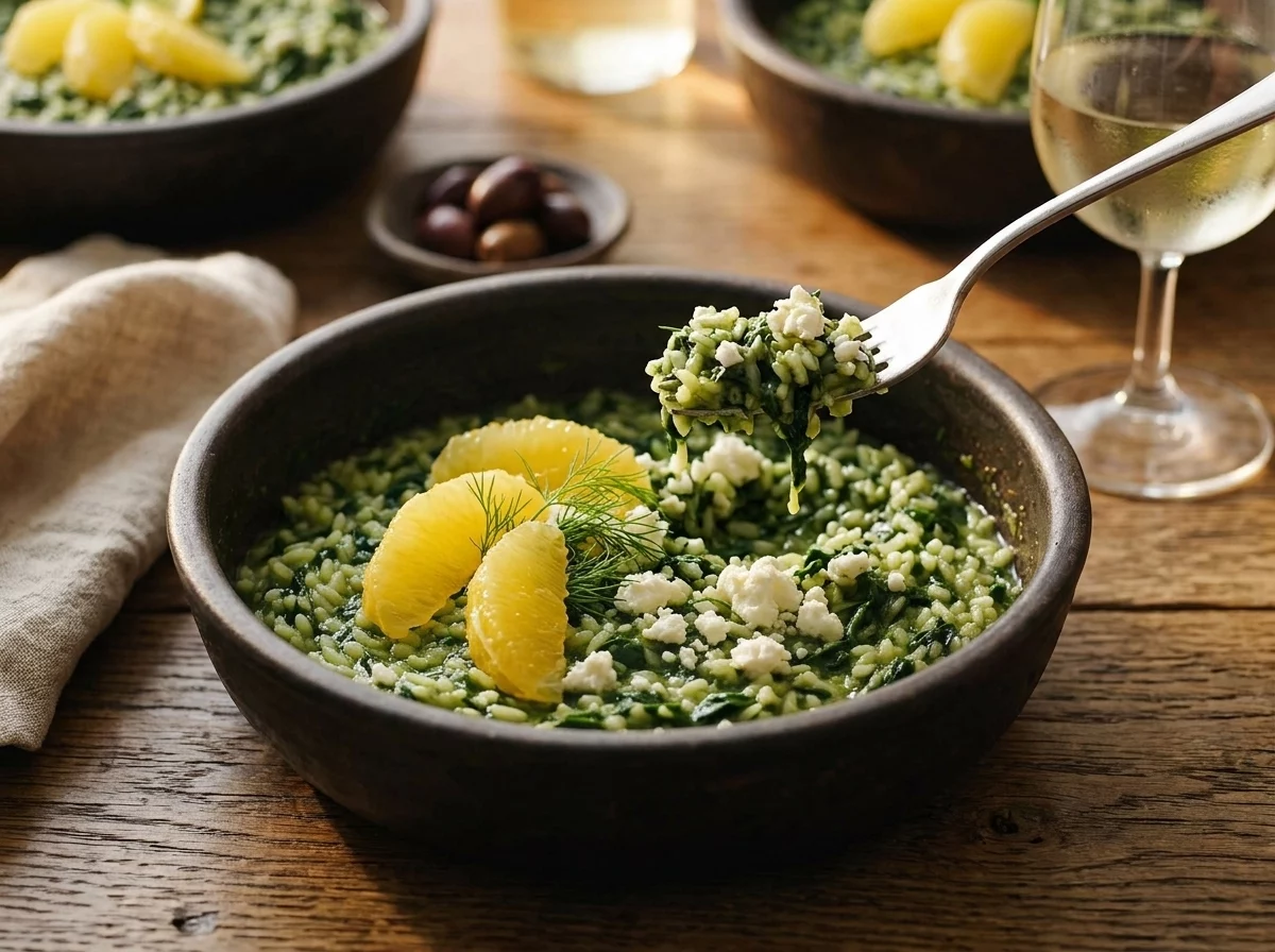 Two bowls of spanakorizo on a wood table with crumbled feta, olives, and a glass of white wine nearby.