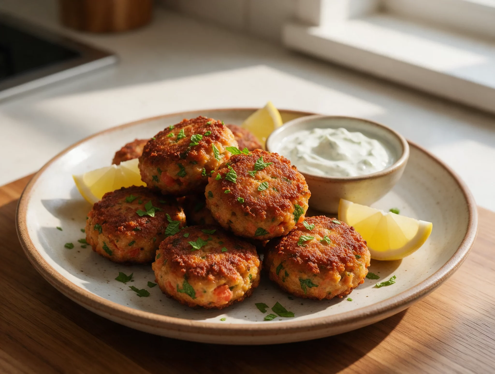 Golden-brown Greek keftedes stacked on a rustic plate with lemon wedges, chopped mint, and a small bowl of tzatziki nearby
