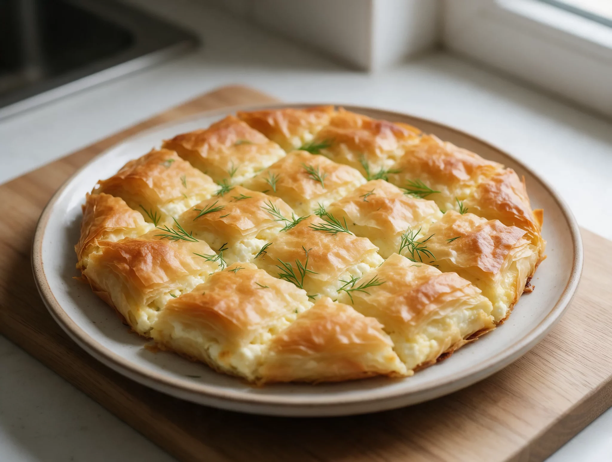 Golden baked Greek tiropita cheese pie cut into squares on a wooden board, flaky phyllo layers and creamy feta filling visible