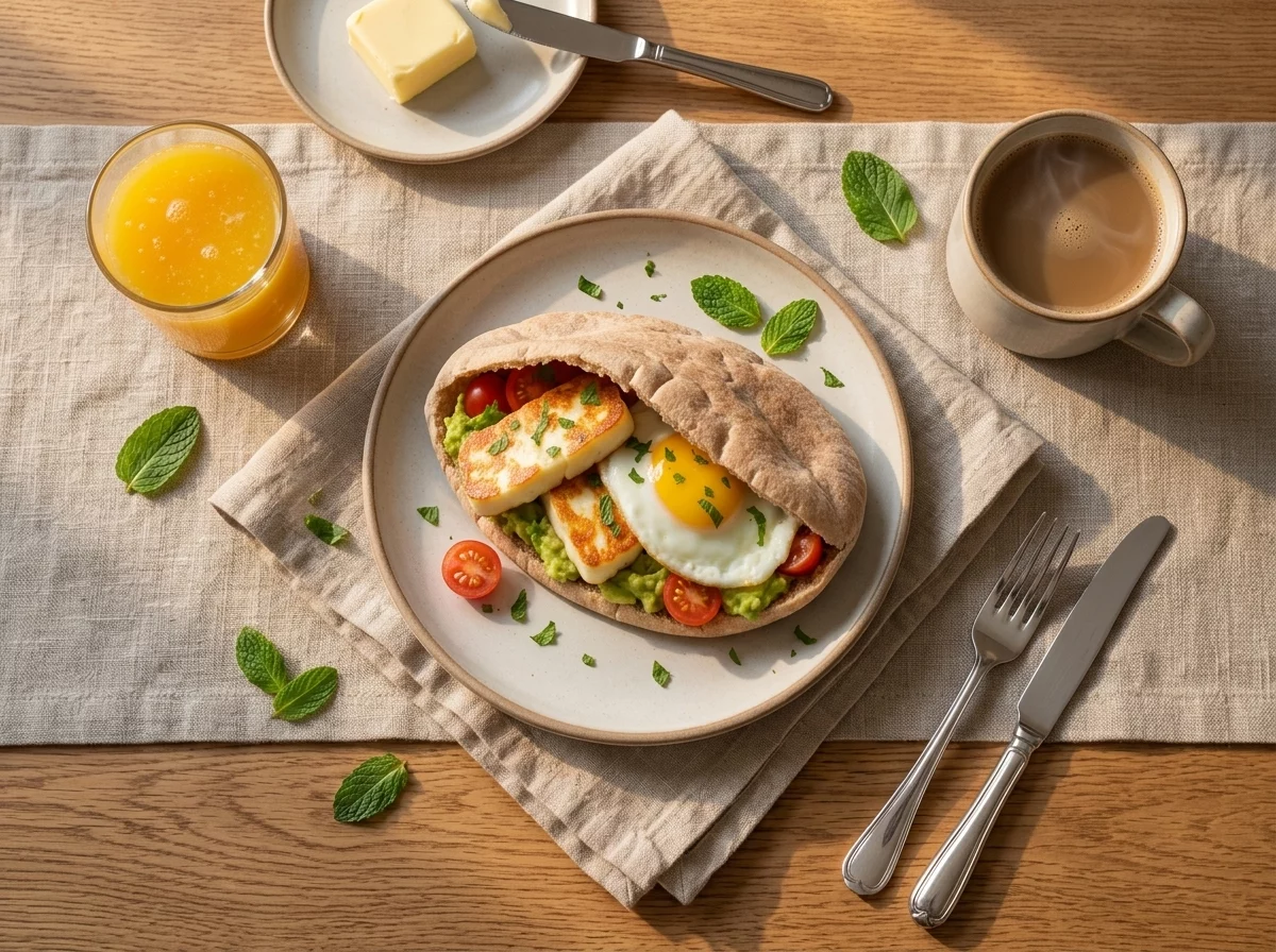 A hand reaching for a warm halloumi and avocado pita at a sunny breakfast table with coffee and orange juice.