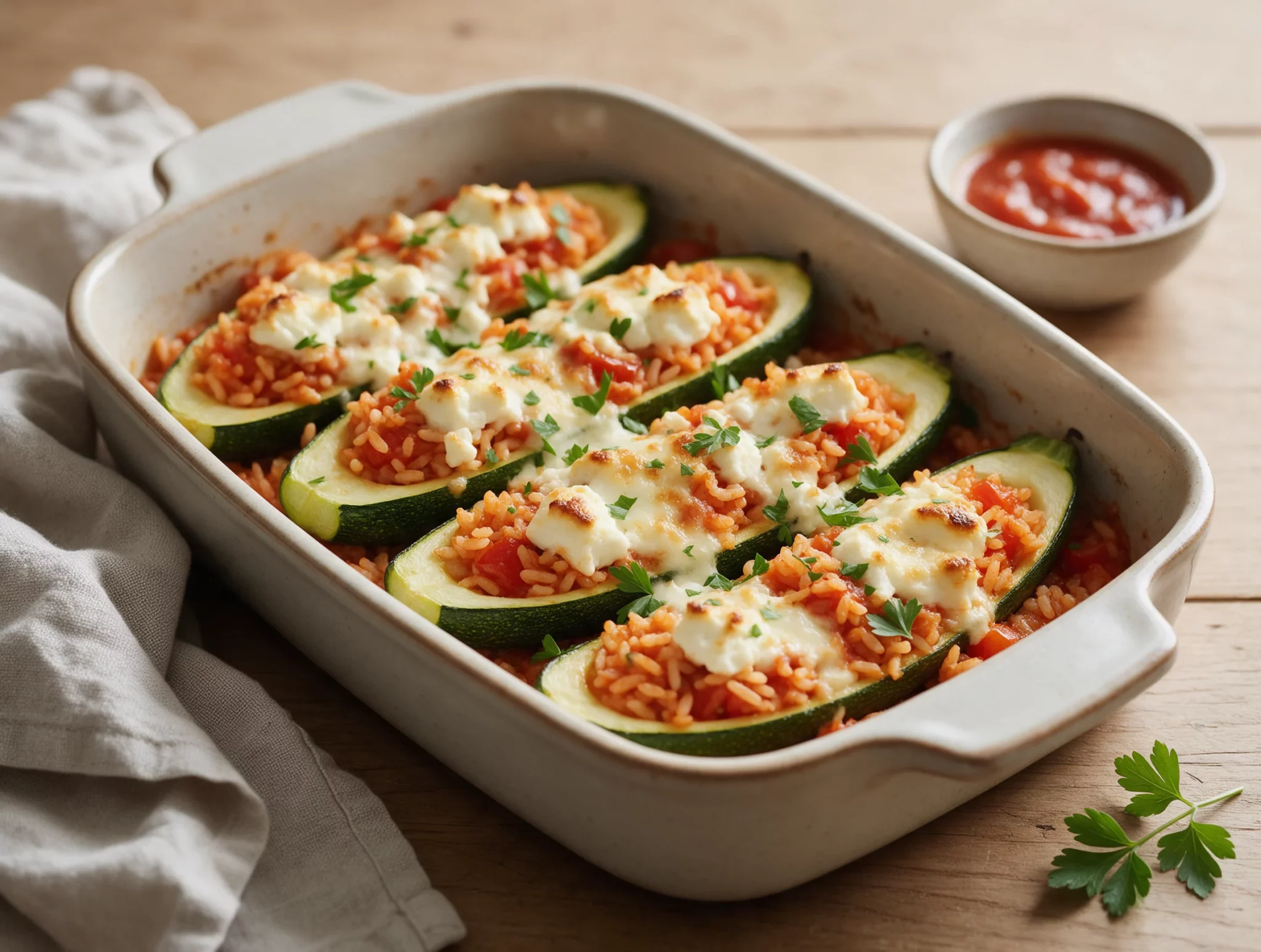 Overhead close-up of baked courgette boats stuffed with tomato rice, feta crumbles melted golden on a ceramic dish.