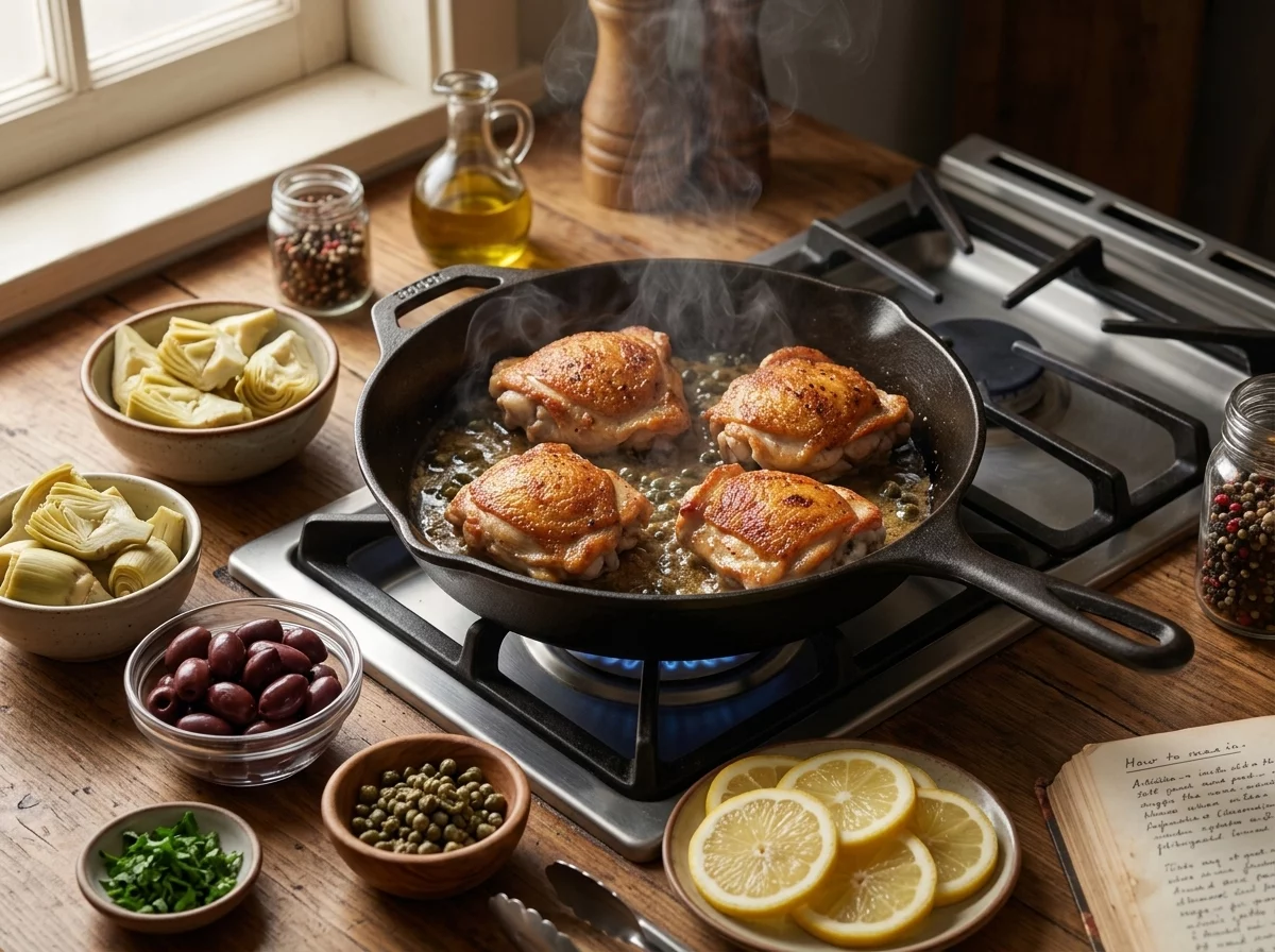 Chicken thighs searing skin side down in a hot skillet, the skin turning deep golden and crackling at the edges.