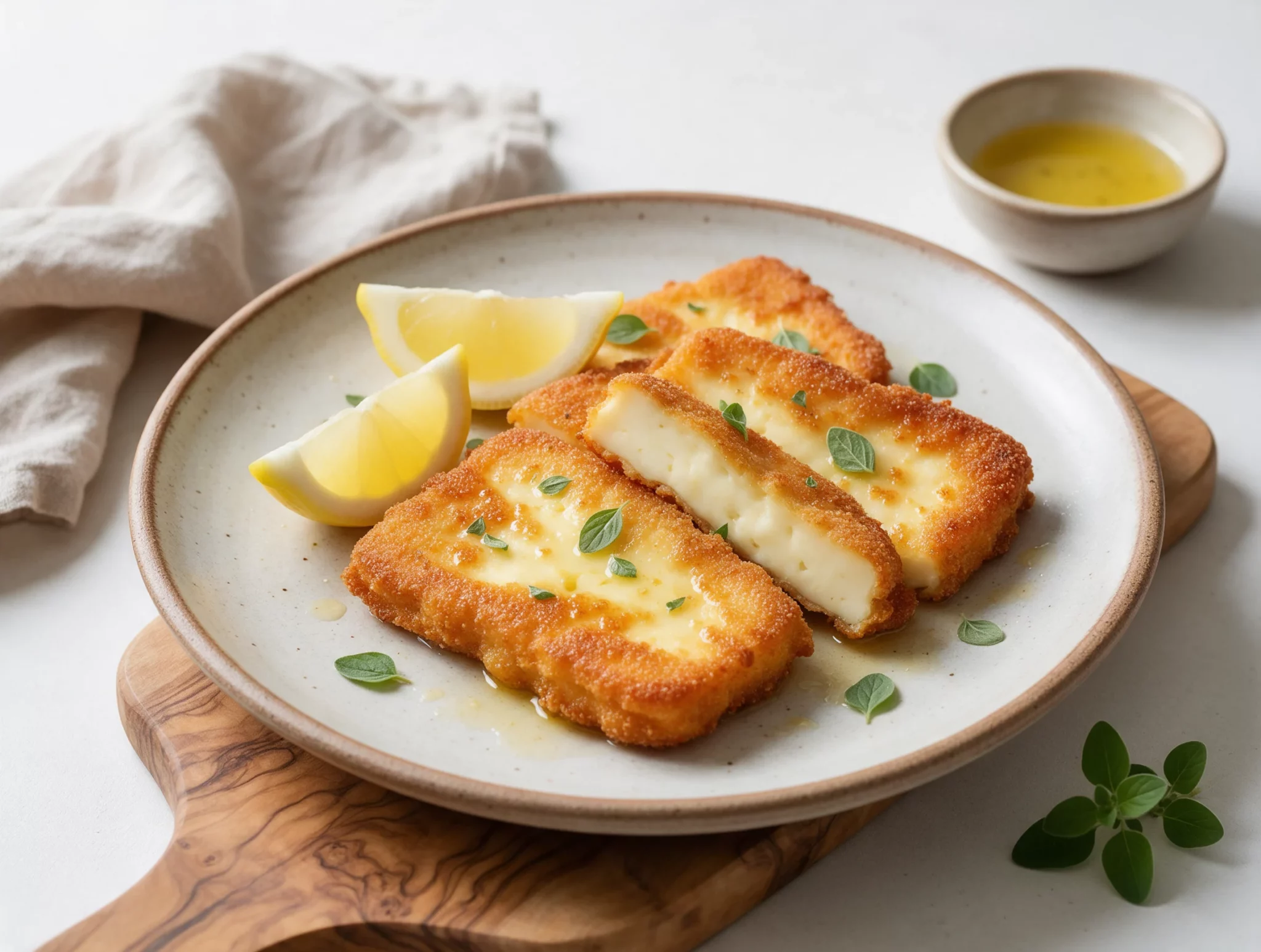 Close-up of golden pan-fried saganaki cheese on a rustic plate with lemon wedges and oregano scattered on top