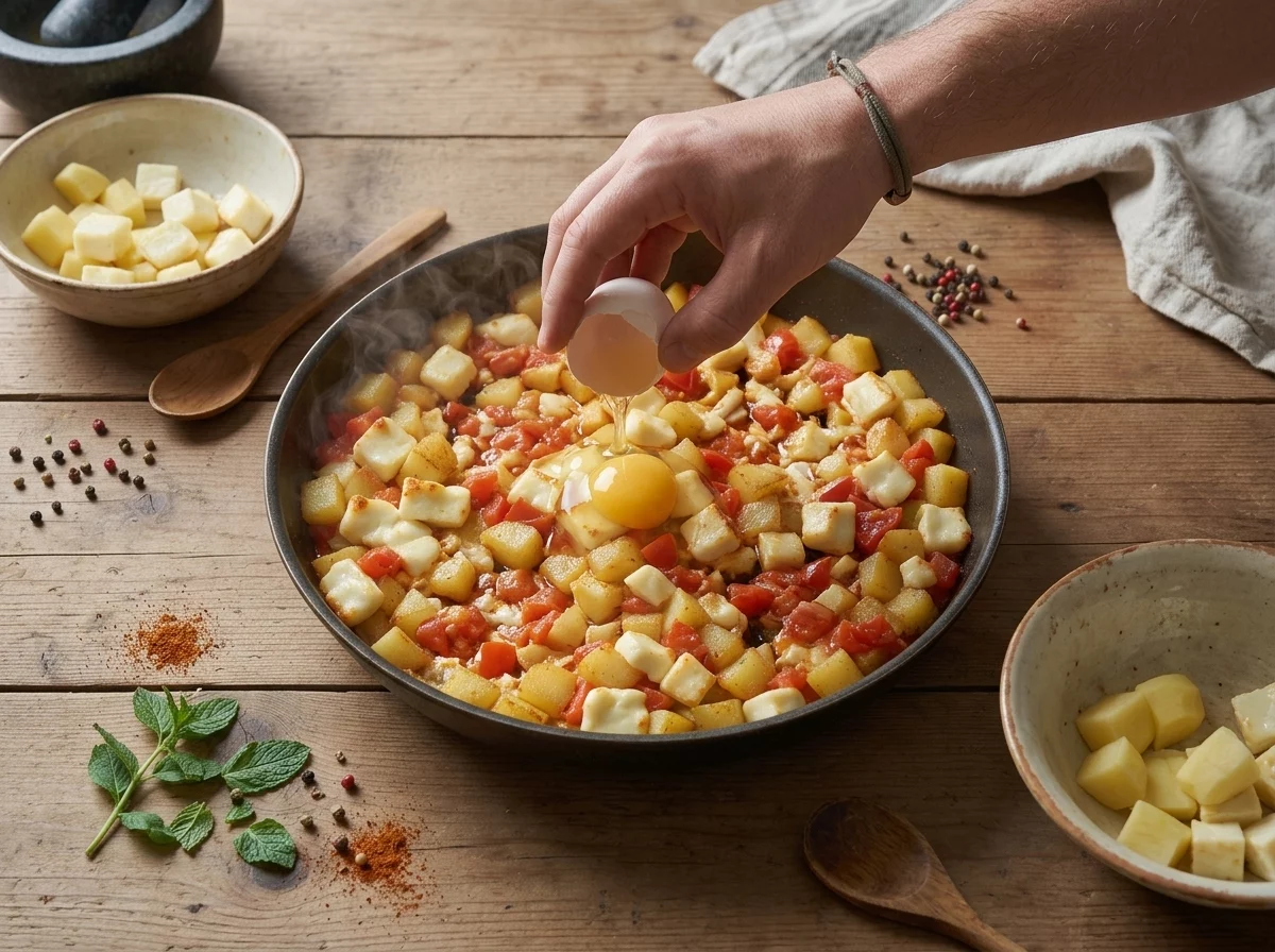 Cook cracking an egg into a gap in a skillet of pan-fried potatoes, halloumi, and simmering diced tomatoes.