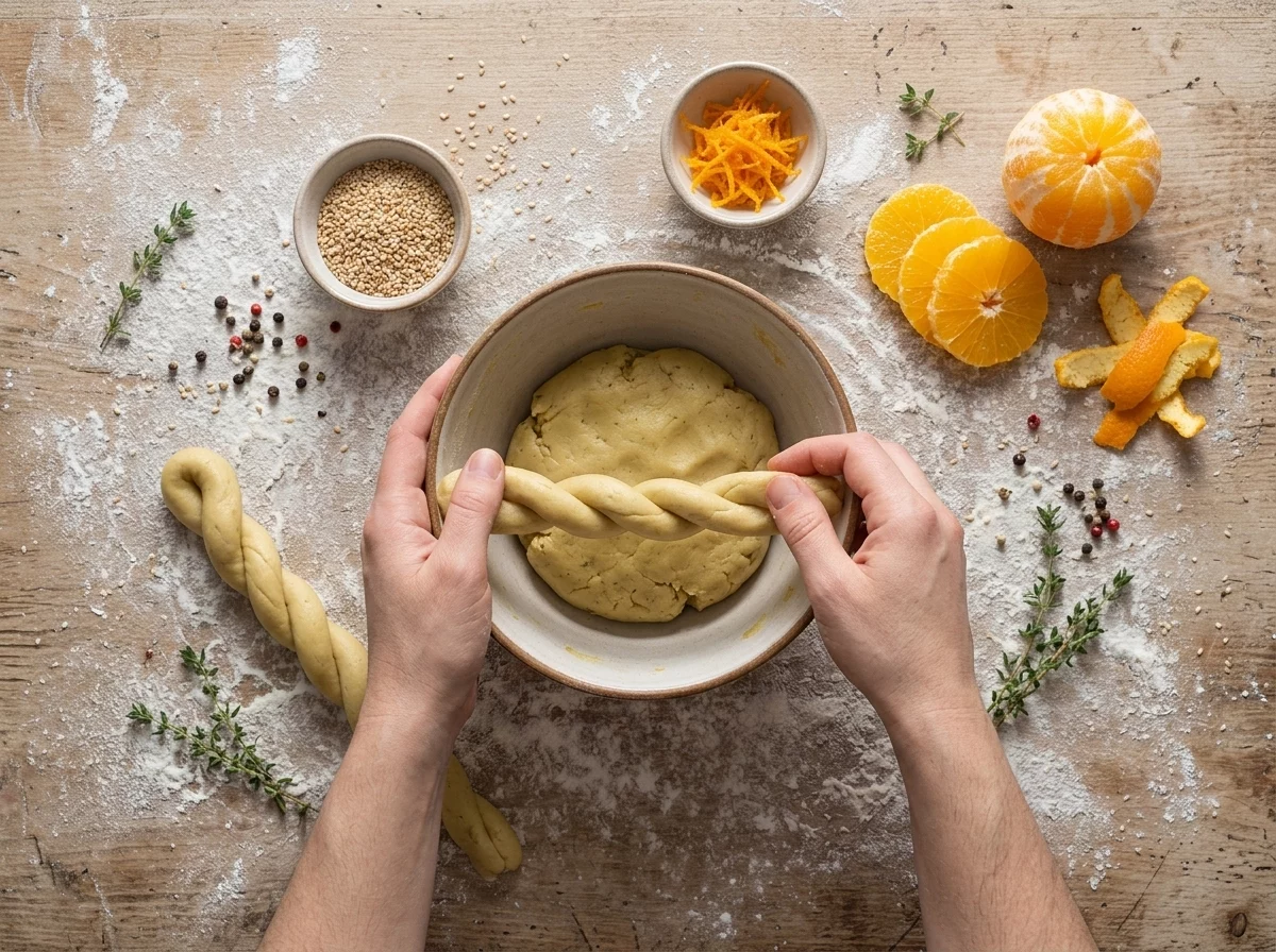 Hands twisting a rope of olive oil cookie dough into a spiral shape on a lightly floured wooden counter.