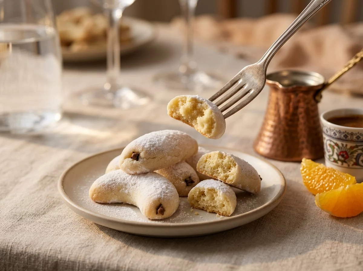 A plate of Greek almond cookies next to a cup of coffee and orange slices on a linen covered table