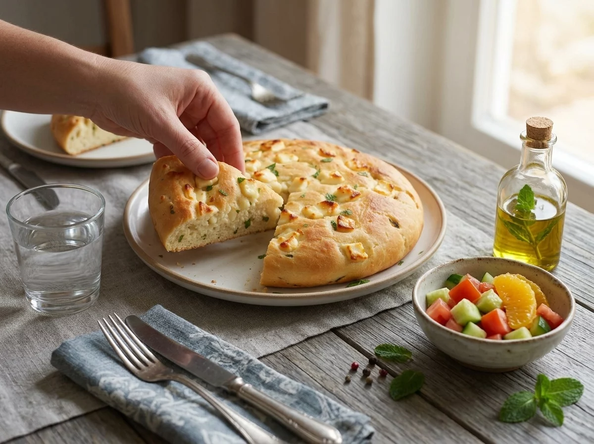 A warm slice of halloumi mint bread torn open at a rustic table beside a tomato salad and olive oil.
