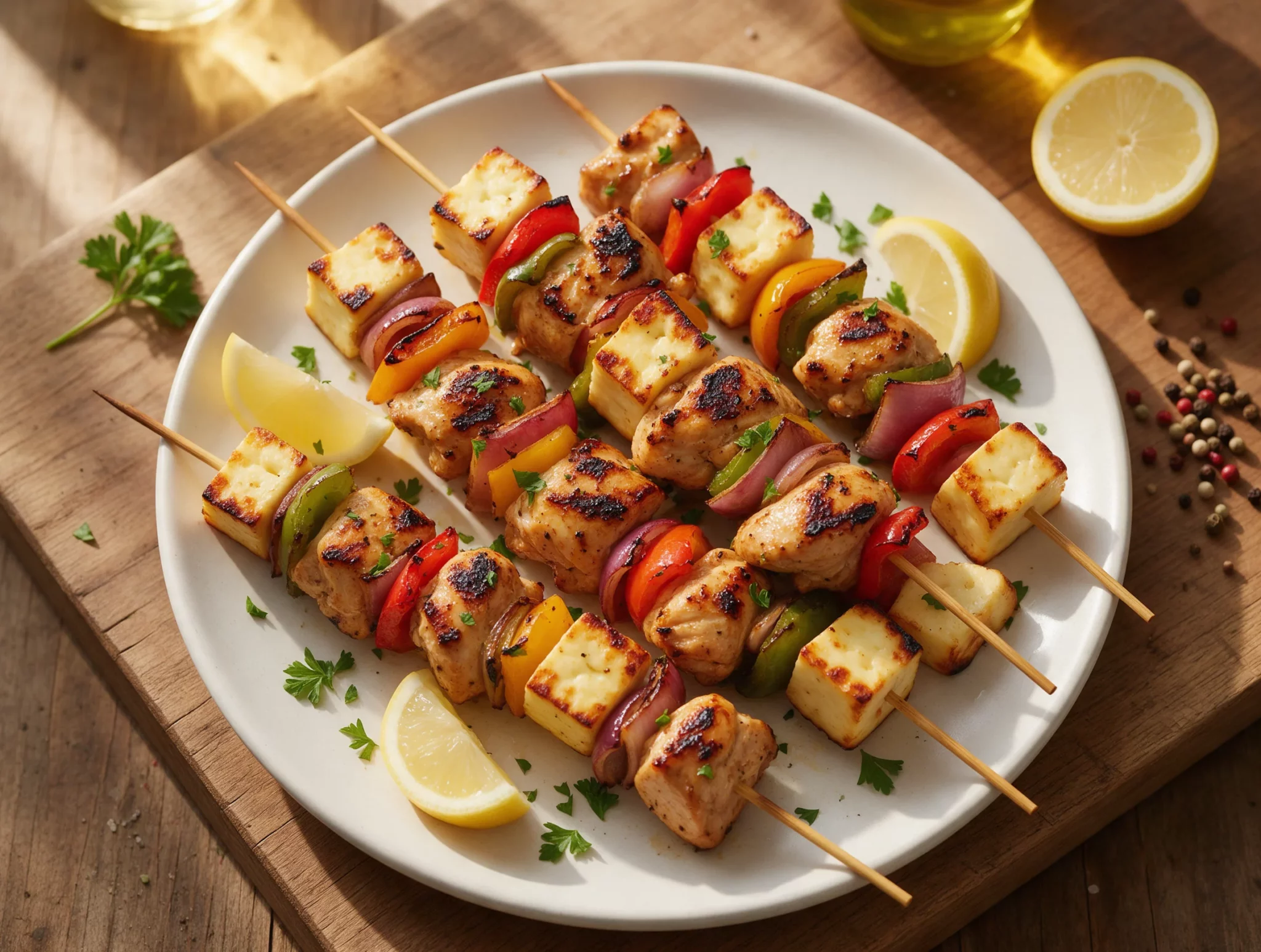 Grilled lemon chicken and halloumi skewers stacked on a wooden board with charred peppers and fresh parsley