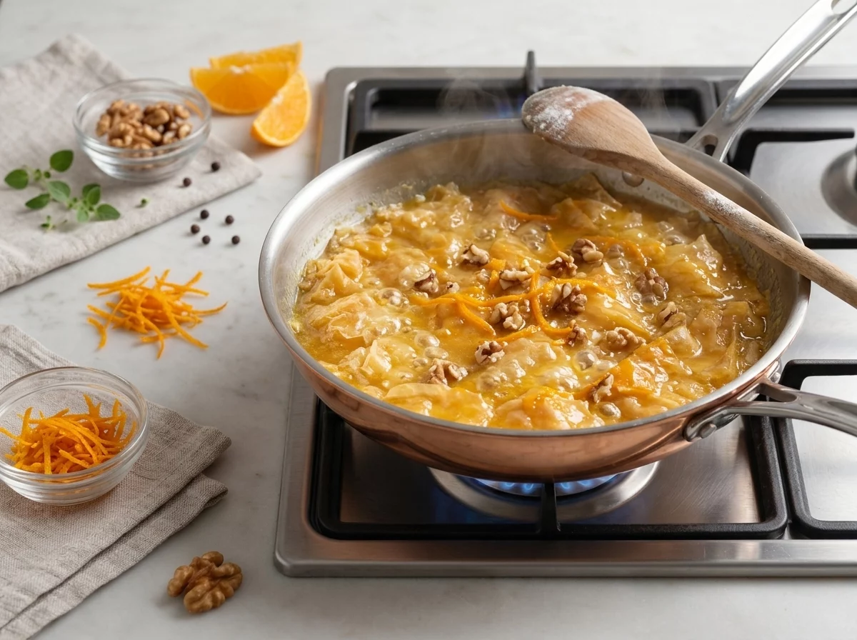 Hands folding torn, dried phyllo pieces into a bowl of orange custard batter with a wooden spatula