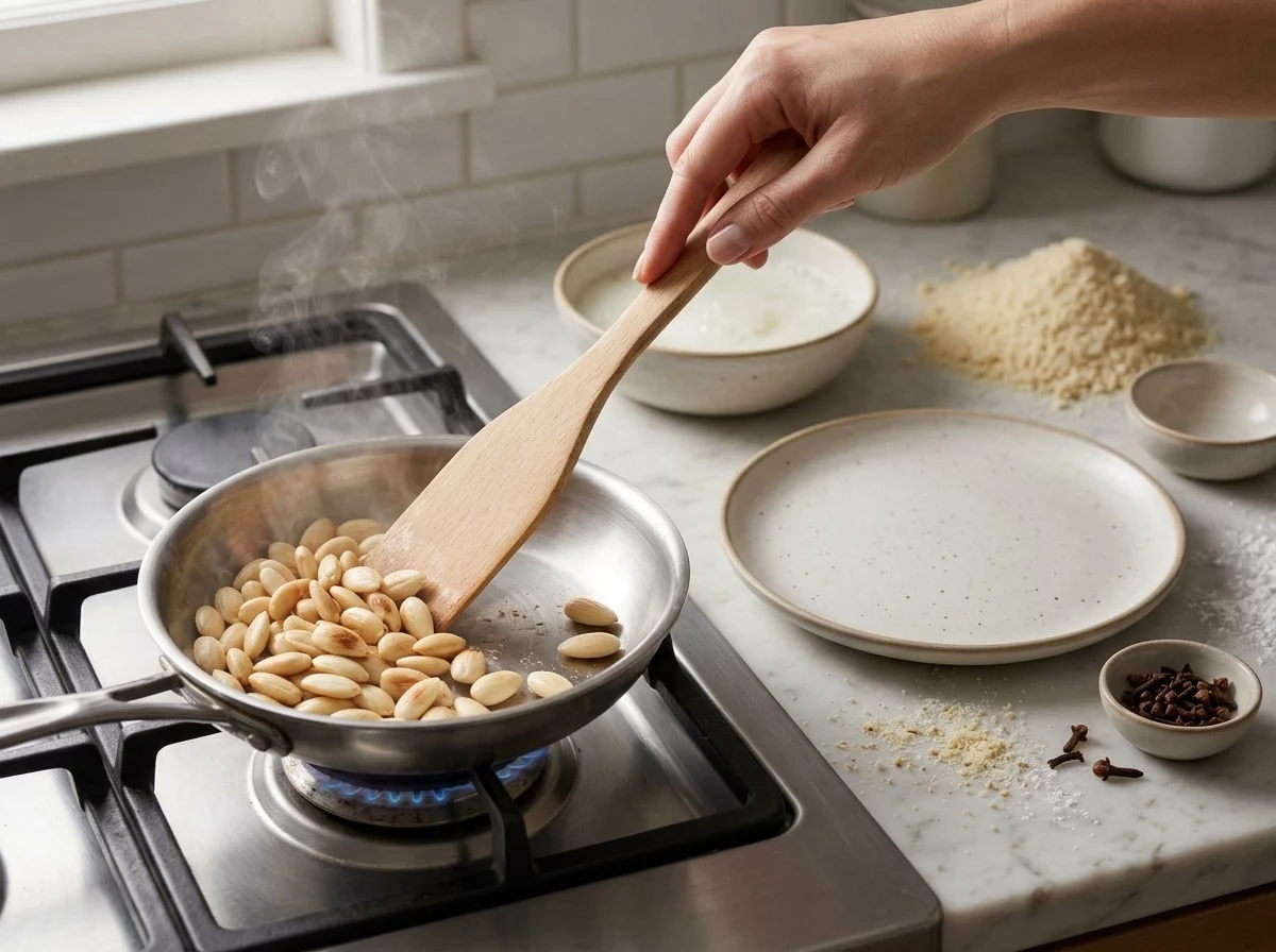 Hands shaping sticky almond dough into small teardrop cookies on a marble counter next to a bowl of ground almonds