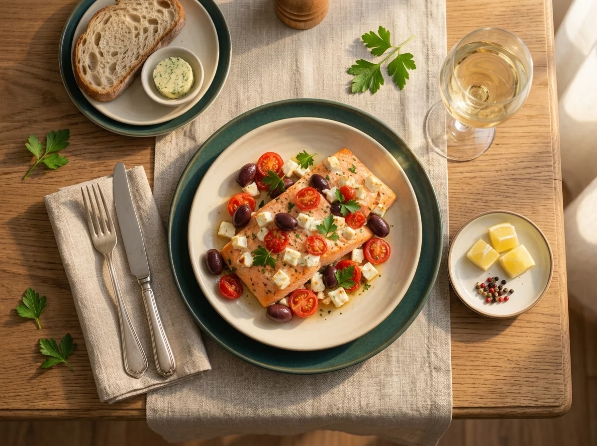 Hands spooning baked salmon and juicy tomatoes onto a plate at a rustic table set with linen napkins and lemon wedges.