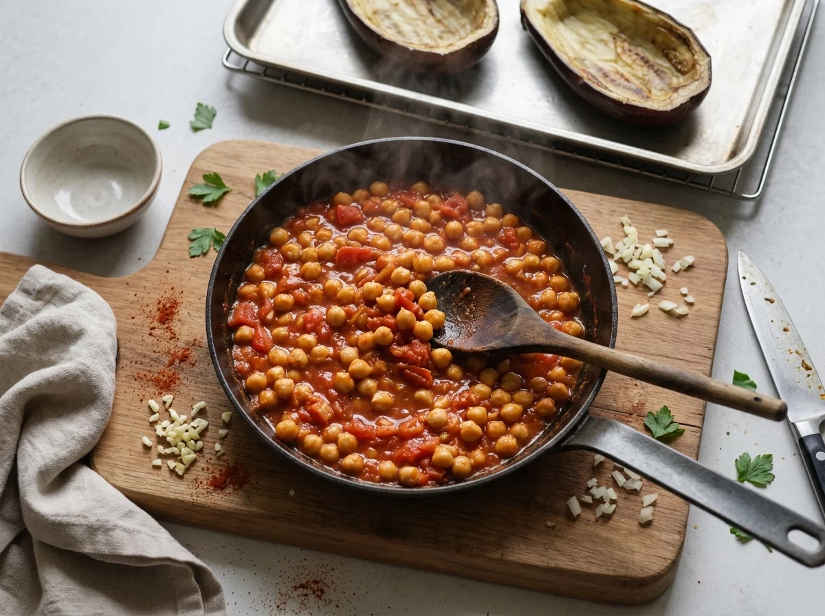 A skillet of chickpeas simmering in tomato sauce with cumin and paprika, next to roasted aubergine shells ready to fill.