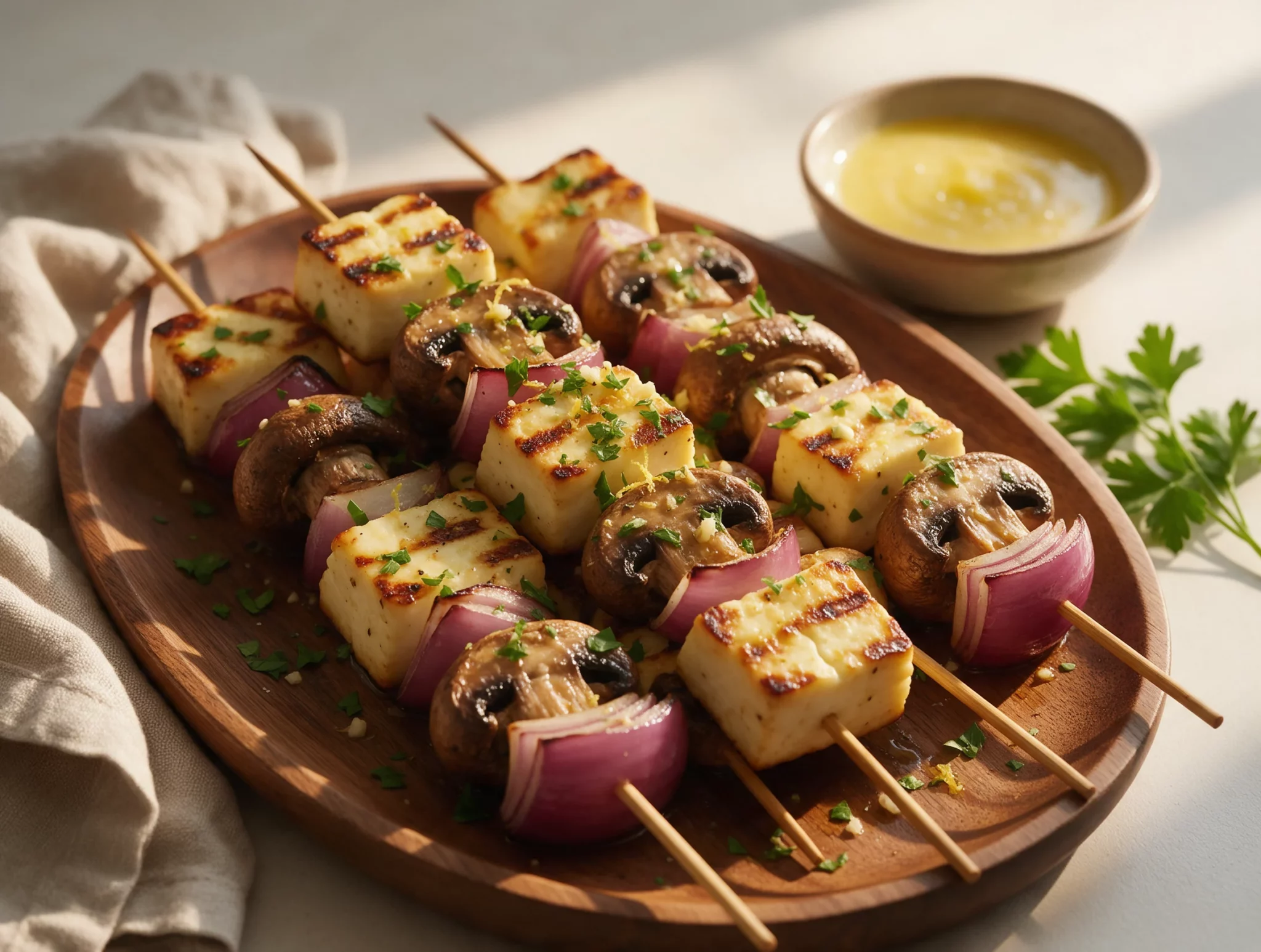 Grilled Halloumi and Mushroom Skewers with Lemon Oil