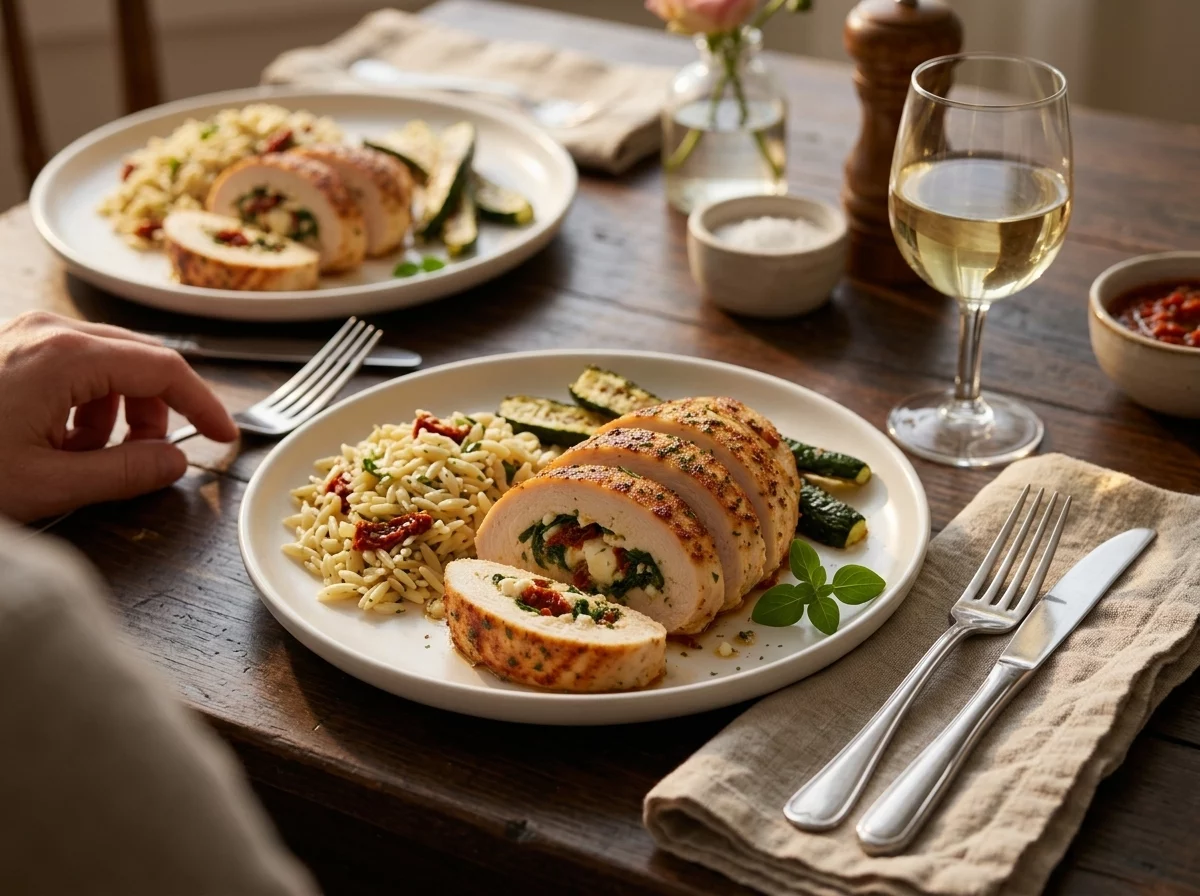 Dinner table with plated stuffed chicken, orzo salad, and a glass of white wine under warm evening light