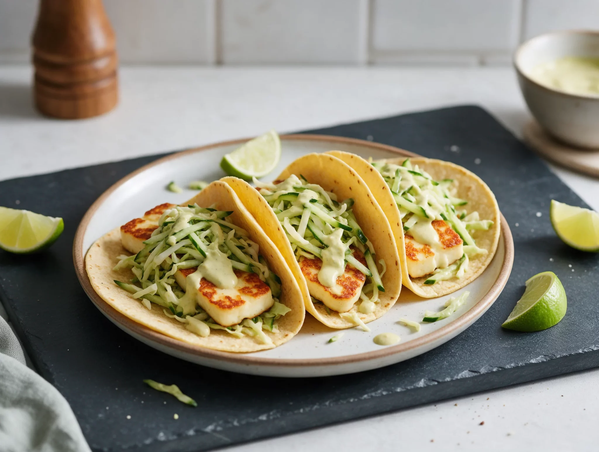 Three halloumi tacos on a slate board with golden seared cheese, cucumber slaw, and lime crema drizzled on top