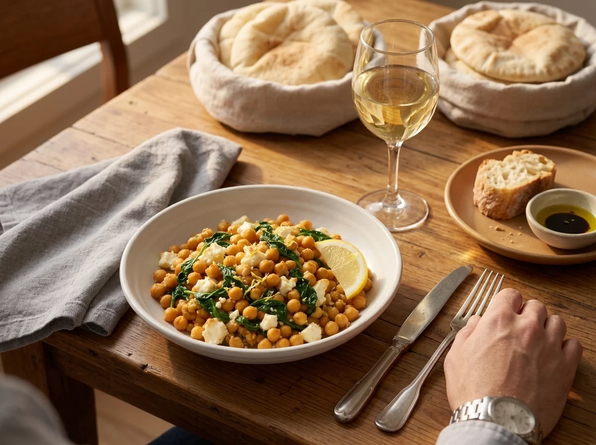 Linen-covered table set with a bowl of chickpea salad, warm pita, and a glass of white wine in afternoon light