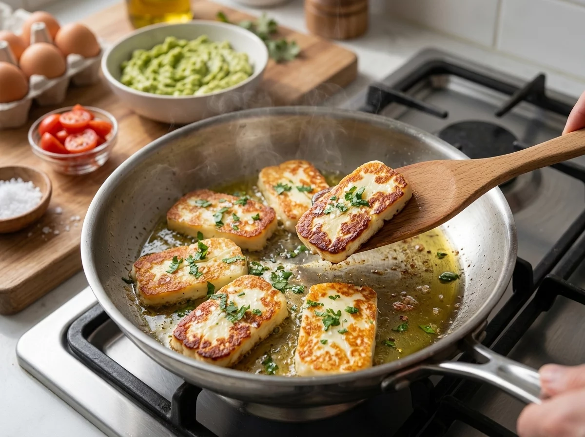 Slices of halloumi searing in a nonstick skillet, turning golden brown at the edges as steam rises.