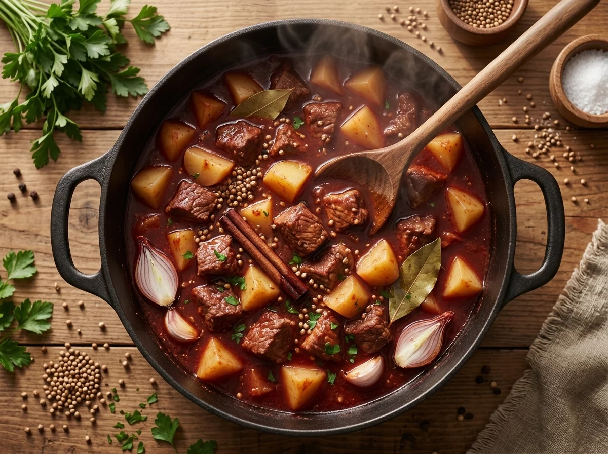 Pork and potatoes simmering in red wine sauce inside a Dutch oven, wooden spoon stirring past a cinnamon stick and bay leaf