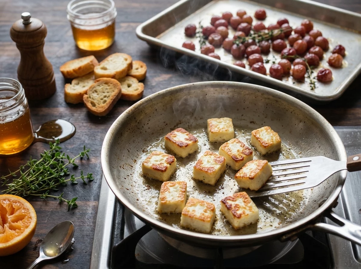 Halloumi slices searing in a skillet with a golden crust forming while roasted grapes rest on a sheet pan nearby