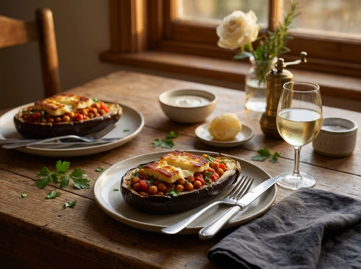 A linen-covered table with stuffed aubergines on plates, a glass of white wine, and a hand reaching for a fork.