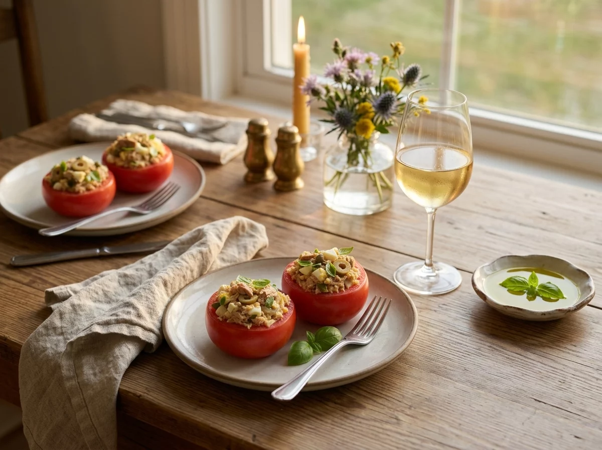 Two plates of stuffed tomatoes on a linen napkin with a glass of white wine and crusty bread at lunch.