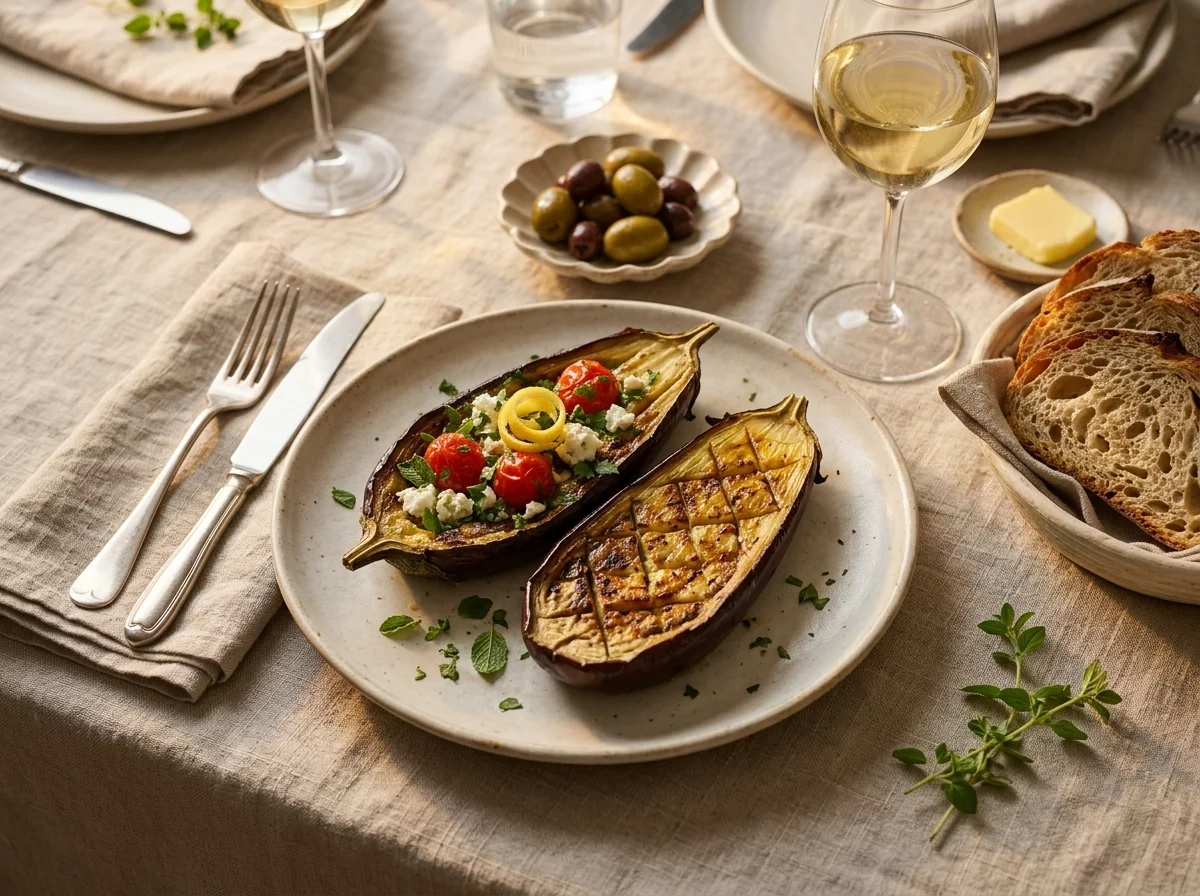 Two plates of roasted aubergine with feta and herbs on a linen tablecloth beside crusty bread and olive oil