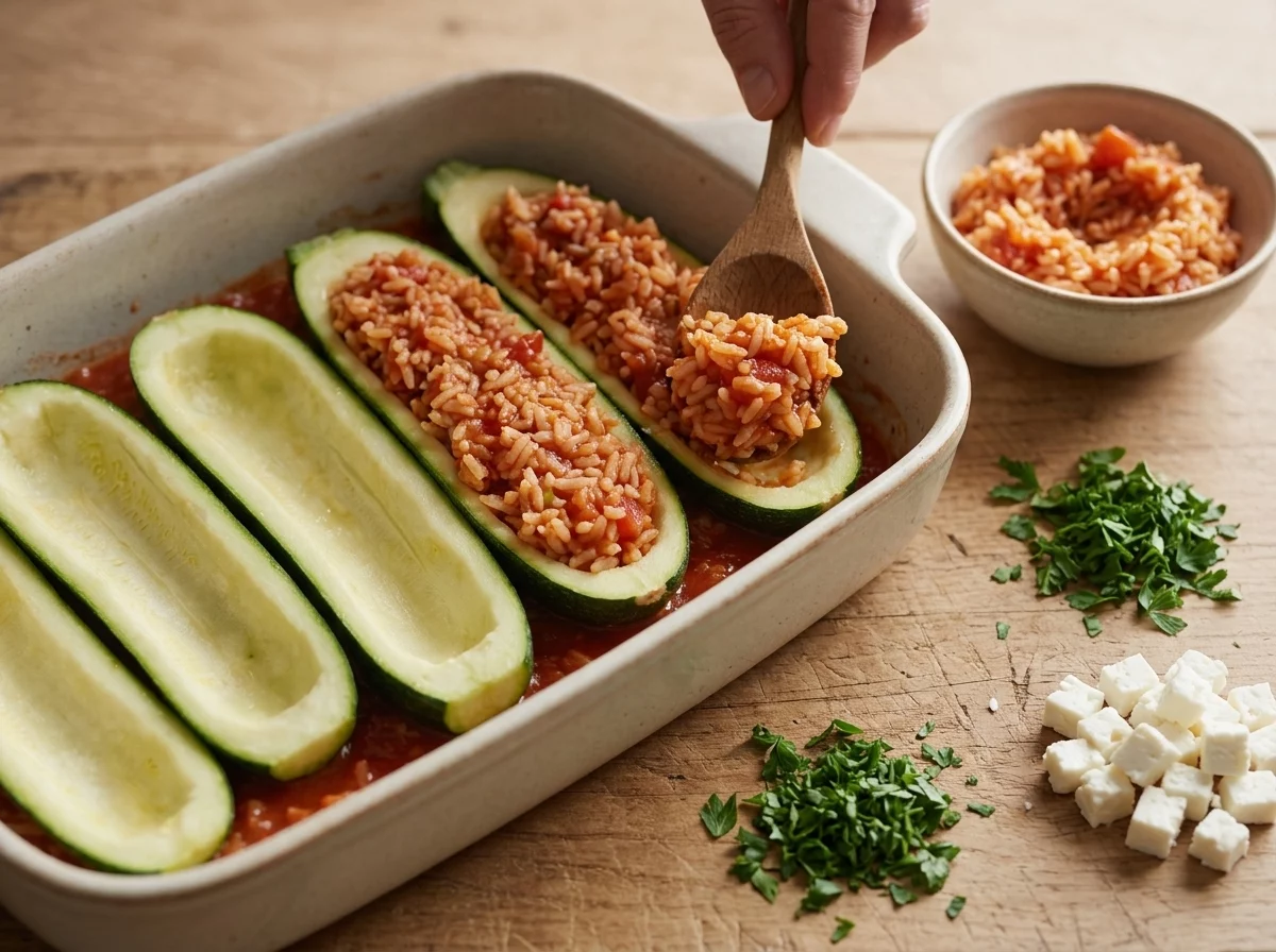 A hand spoons tomato rice filling into hollowed courgette halves lined up on a wooden cutting board before baking.