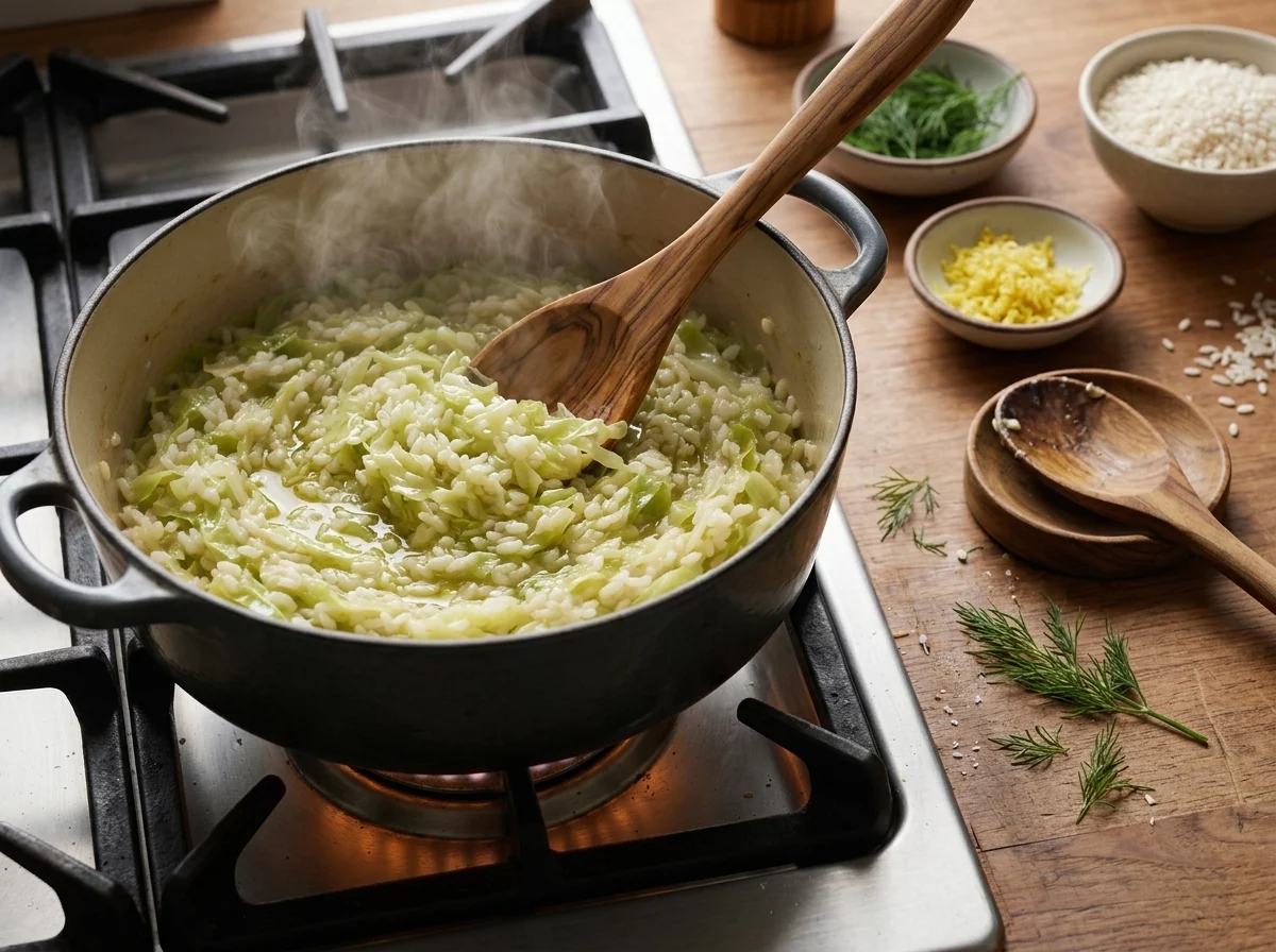 Wooden spoon stirring shredded cabbage and rice together in an oiled pot as the cabbage wilts down mid-simmer