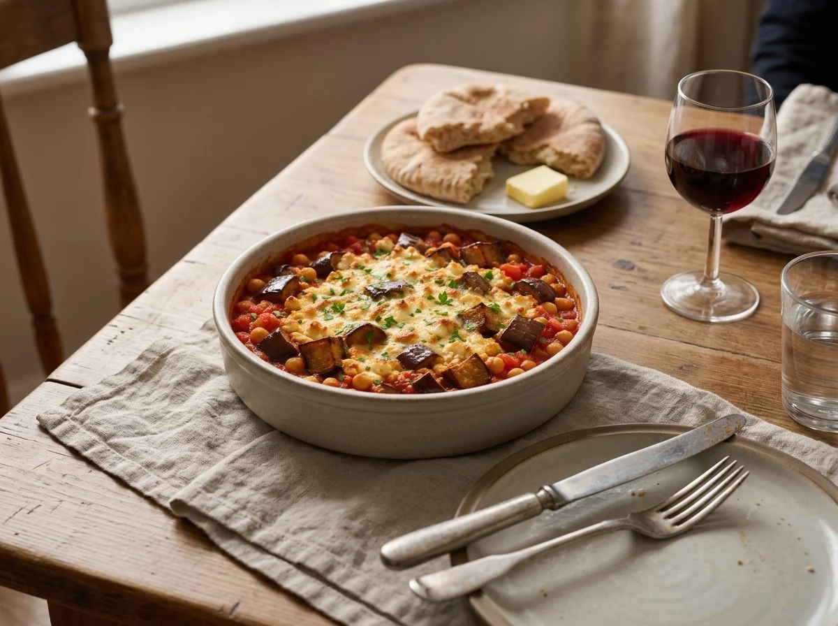 A wooden table set with a bowl of aubergine chickpea bake, pita bread, and a glass of red wine nearby.