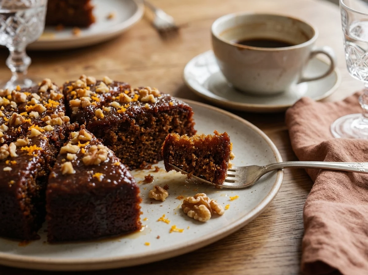 A slice of carob syrup cake on a plate beside a cup of coffee and a linen napkin on a wooden kitchen table