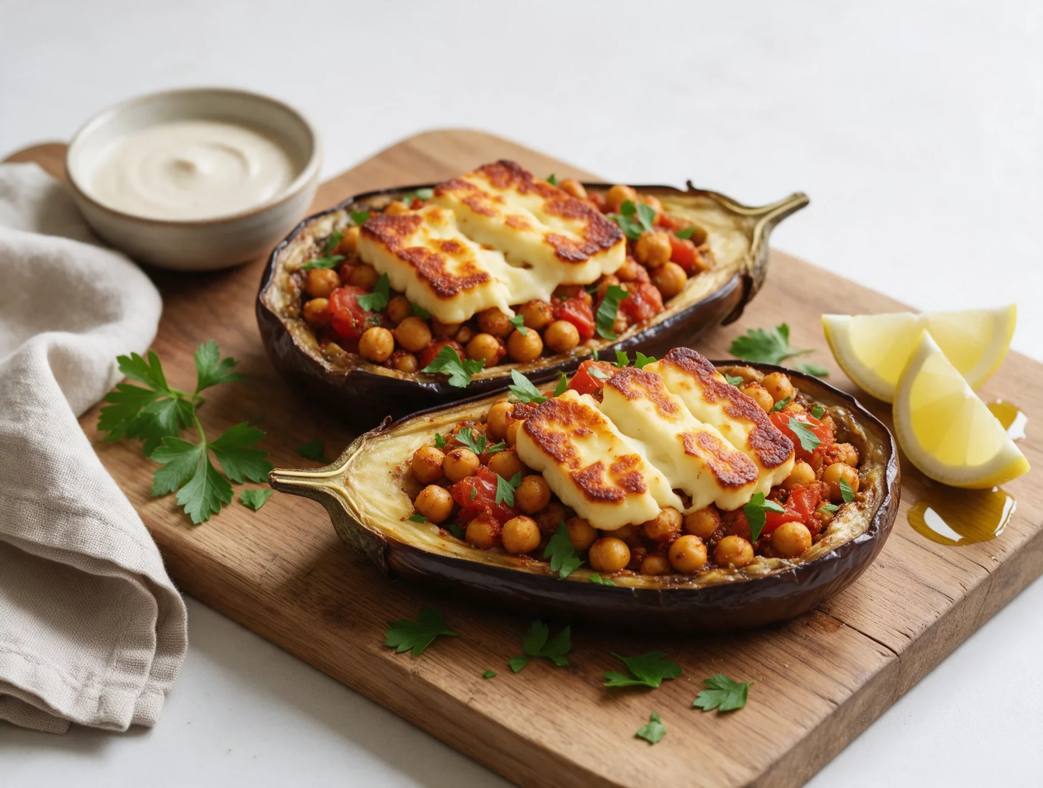 Roasted Halloumi and Chickpea Stuffed Aubergines