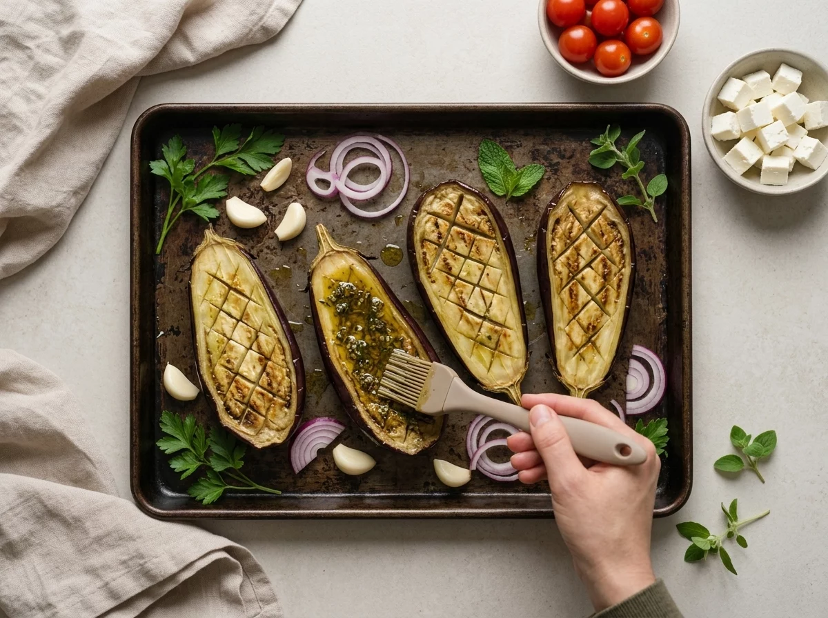 A hand brushes garlic and oregano oil over golden roasted aubergine halves before adding tomatoes on a sheet pan