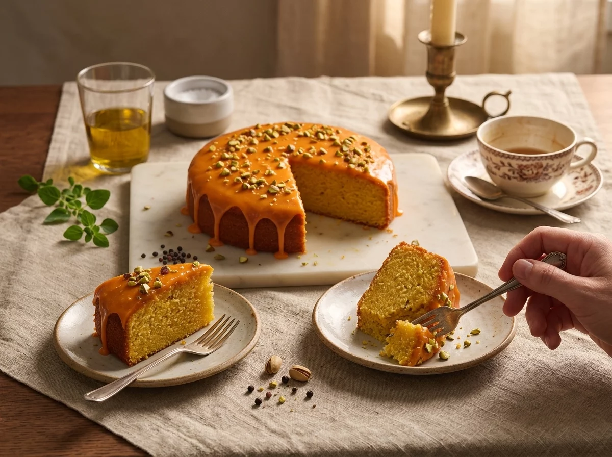 Two plates of sliced pistachio orange cake on a linen tablecloth next to coffee cups in warm afternoon light.