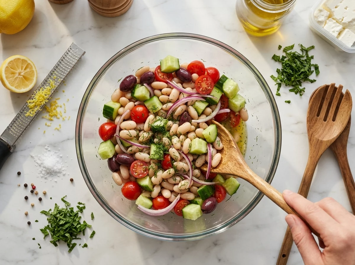 Hands tossing white beans and chopped fresh herbs with olive oil dressing in a glass mixing bowl