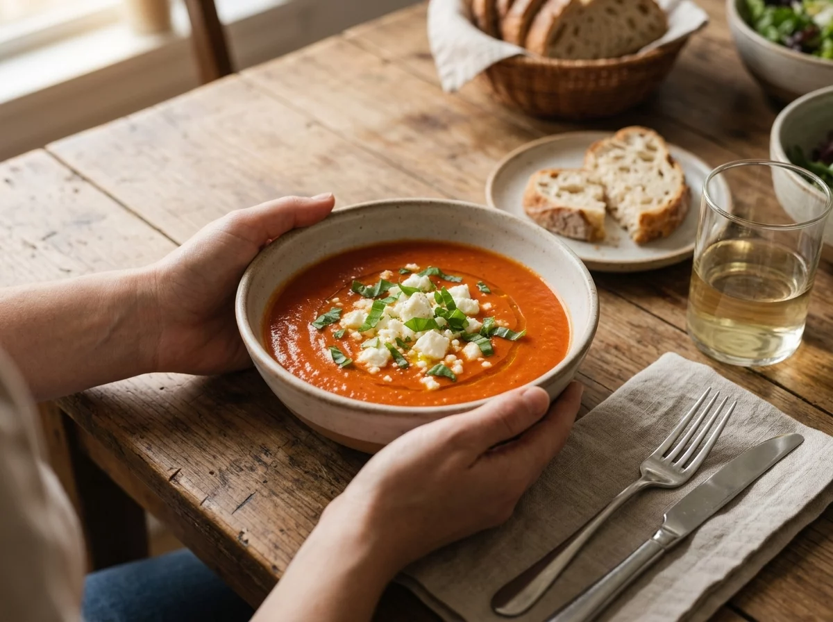 Hands holding a warm bowl of tomato feta soup next to crusty bread and a glass of wine on a linen-set table