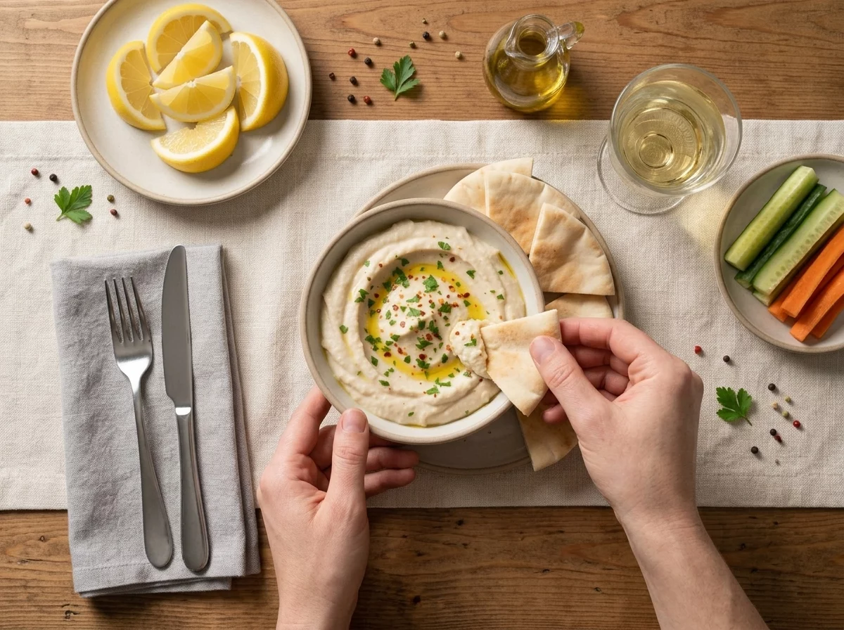 Hands tearing warm pita to scoop white bean dip at a rustic wooden table set with cucumber sticks and linen napkin