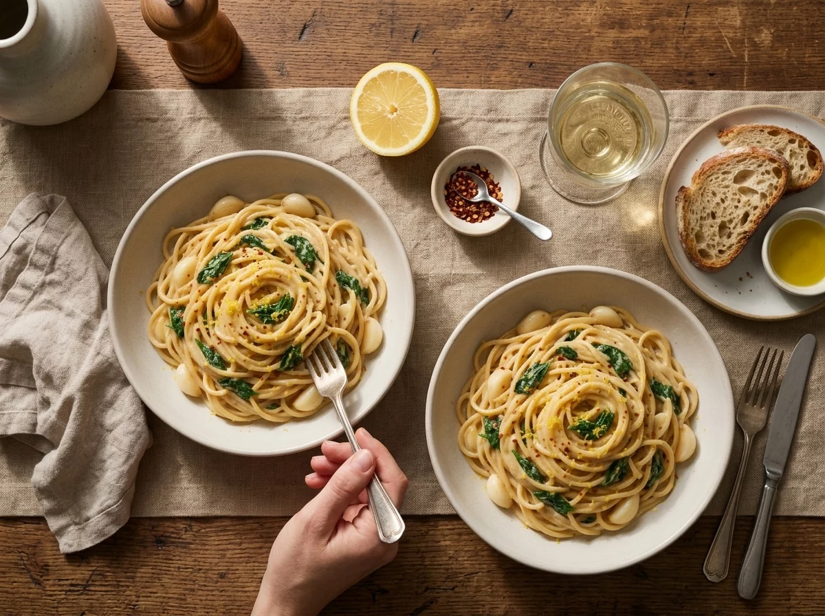 Two bowls of tahini pasta on a wooden table with a cut lemon and a fork mid-bite, warm light from a window