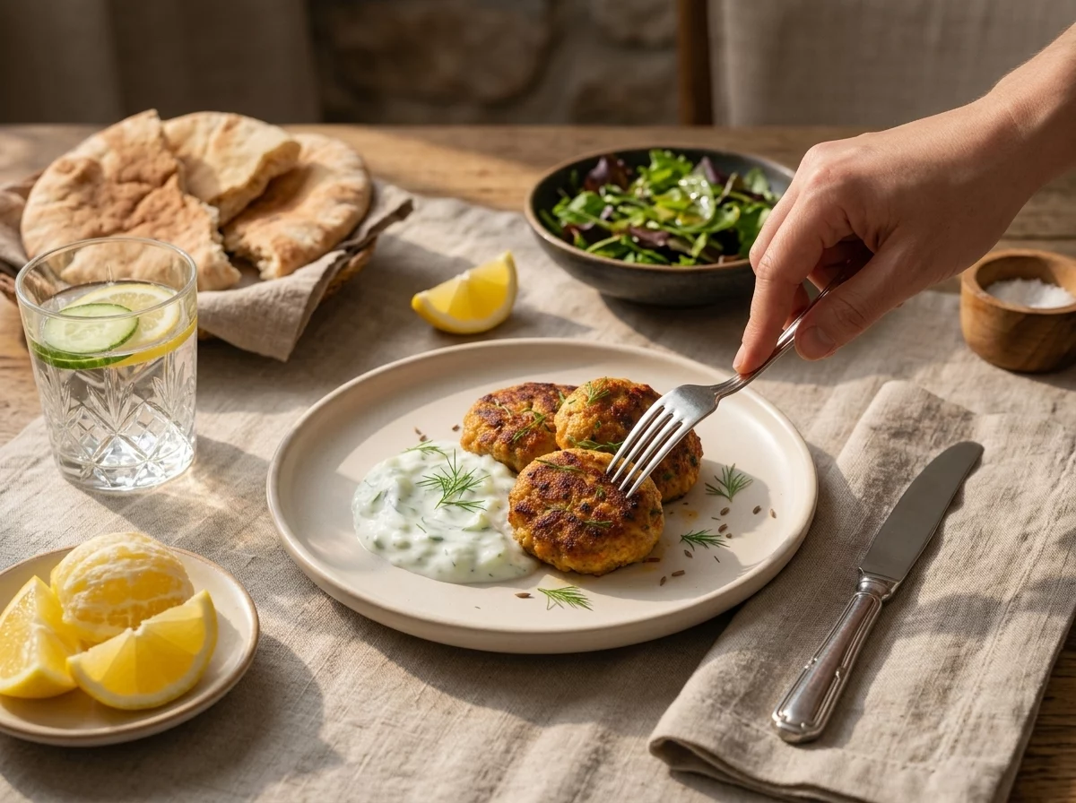 A hand dipping a kofta into tzatziki at a linen-covered table set with warm pita and a glass of water