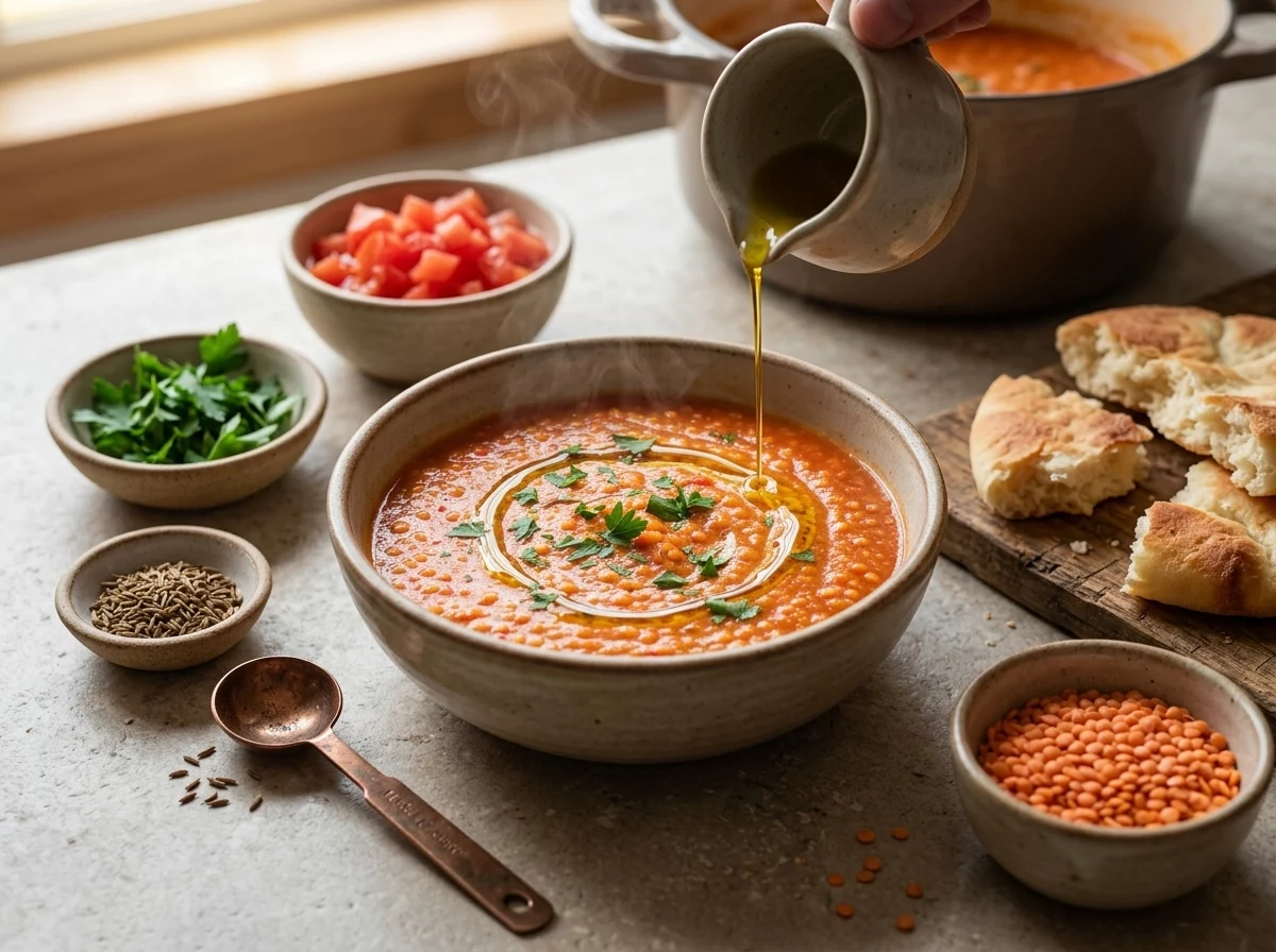 Wooden spoon stirring simmering red lentils and crushed tomatoes in a soup pot, steam rising over the stove.