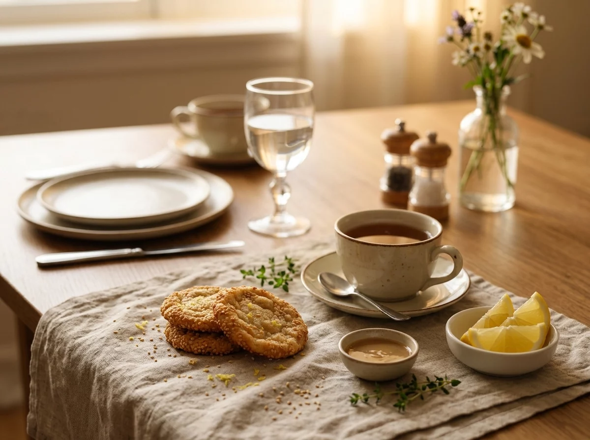 Tahini lemon sesame cookies served on a linen napkin beside a cup of tea and a halved lemon