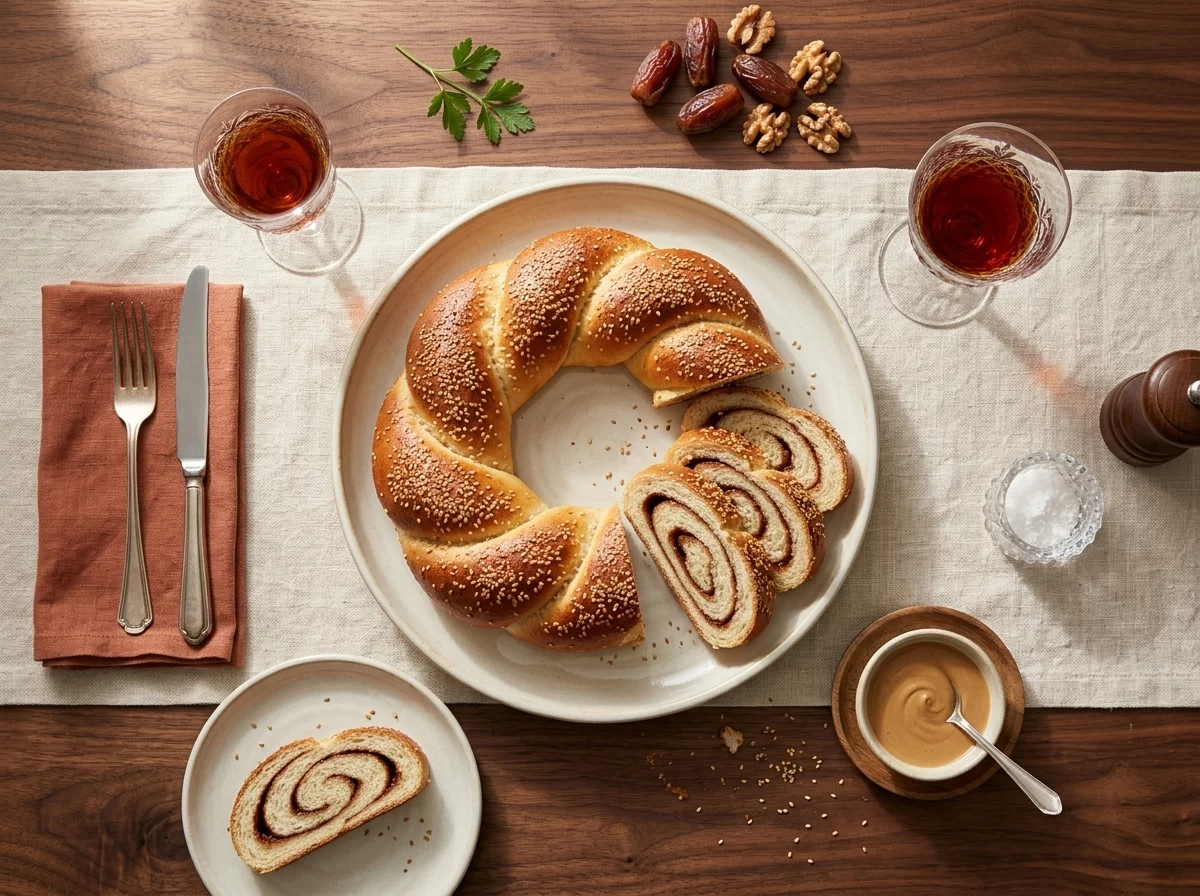 Warm cinnamon sesame bread torn apart at a breakfast table next to a cup of coffee and orange slices.