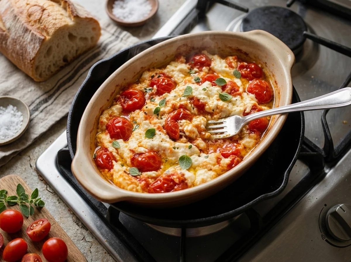 A fork mashing soft warm feta into burst cherry tomatoes and olive oil right in the baking dish