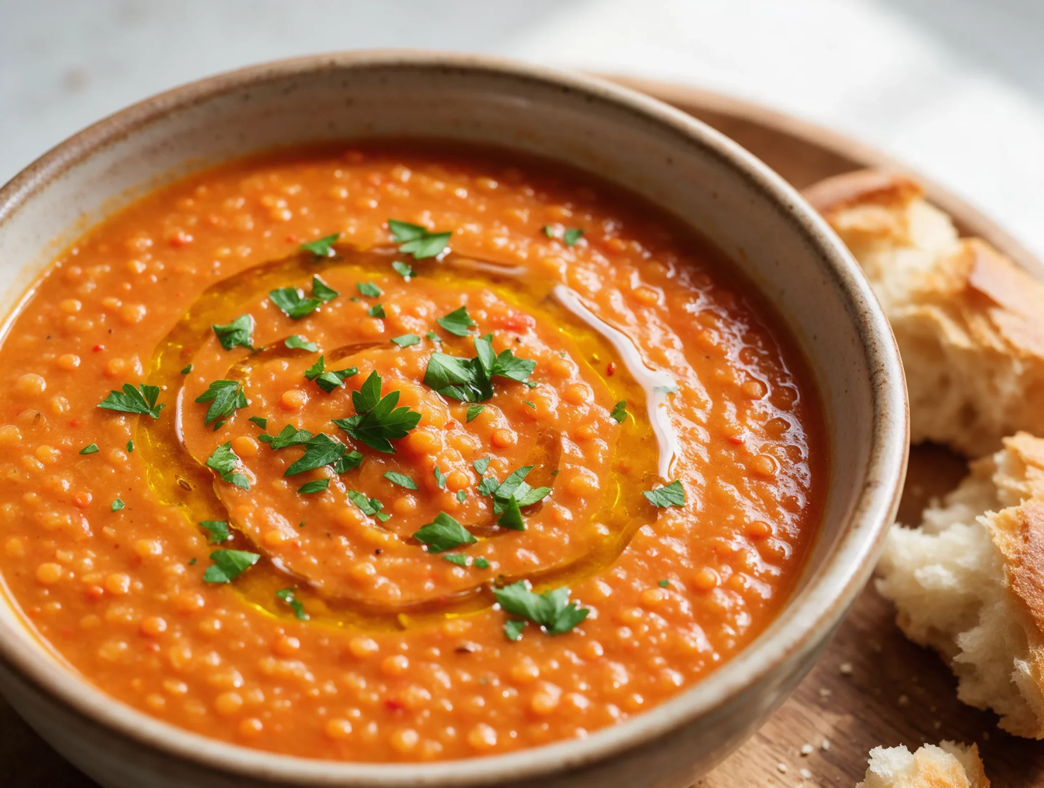 Overhead shot of red lentil tomato soup in a ceramic bowl, swirled with olive oil and fresh parsley on top.