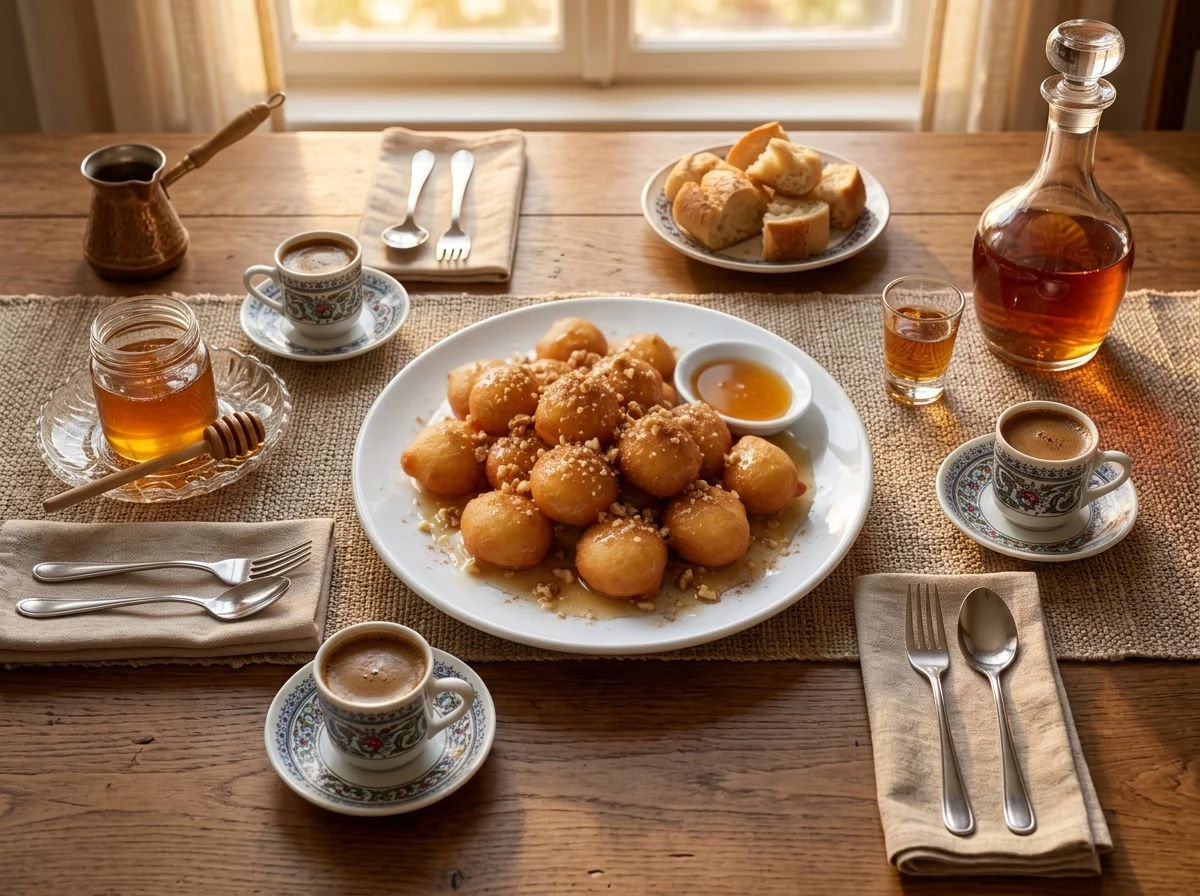 A hand drizzling warm honey syrup over a plate of doughnuts at a wooden table set for coffee