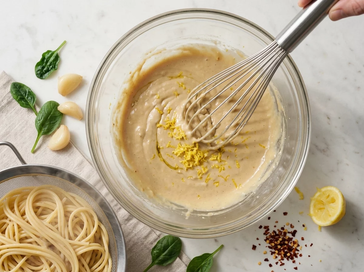 Whisk blending tahini and lemon juice in a glass bowl until the sauce turns from grainy to smooth