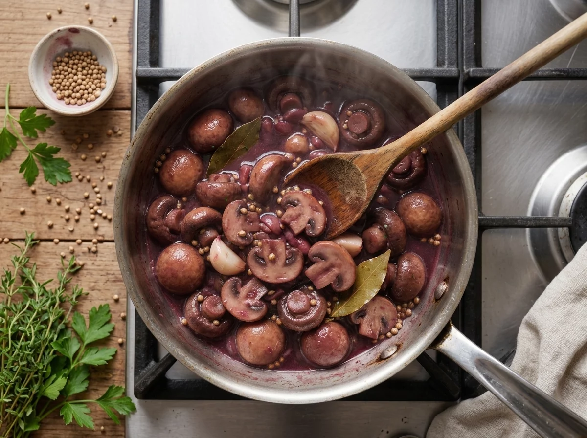 Mushrooms simmering in a red wine sauce with coriander seeds and bay leaves in a stainless steel saucepan