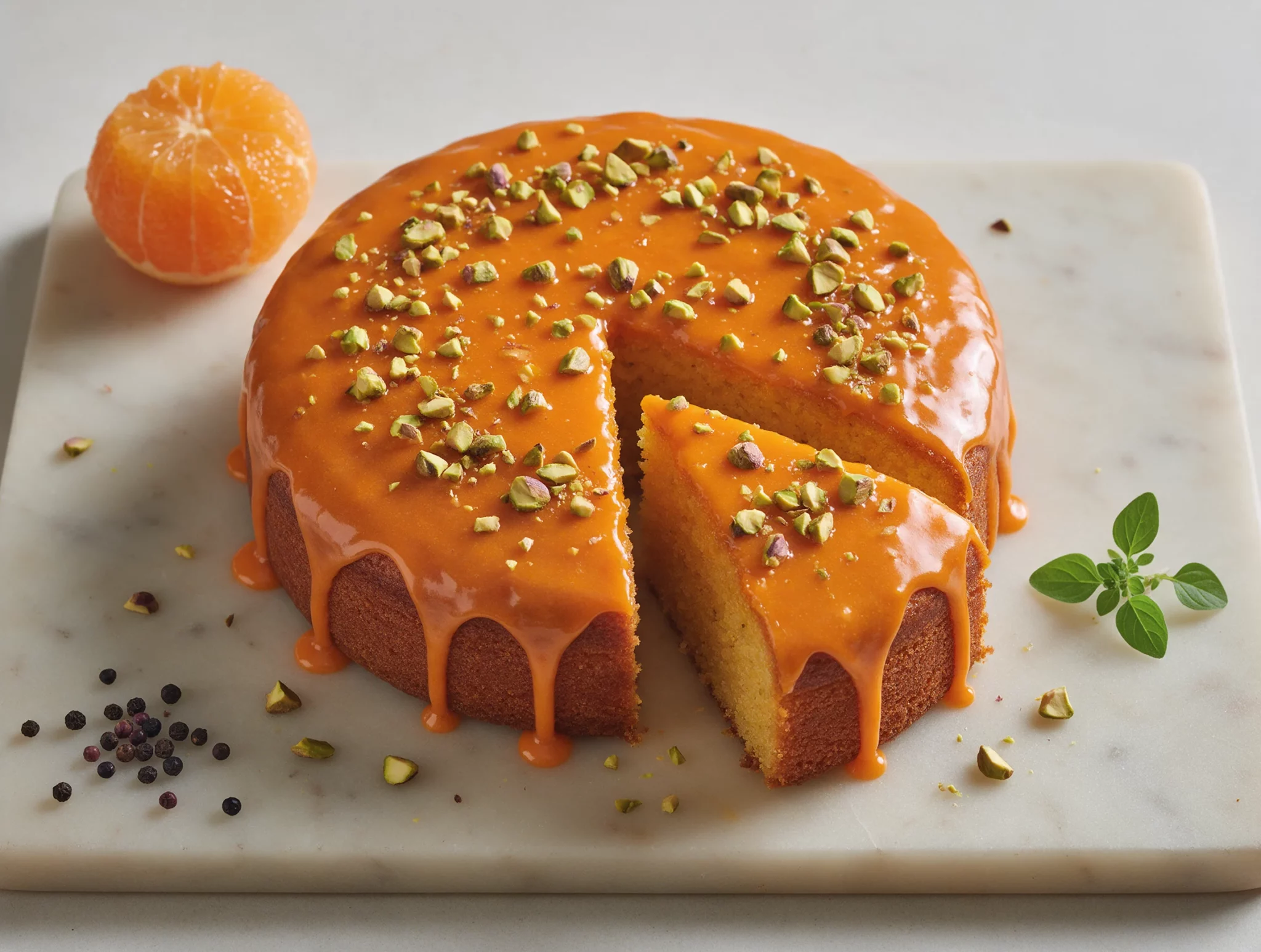 Whole orange olive oil cake on a marble board with glossy glaze and chopped pistachios, one slice pulled away to show the crumb.